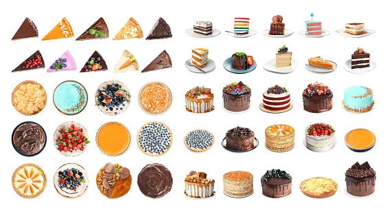 Set of different delicious cakes isolated on white. Banner design