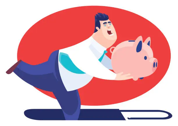 Vector illustration of businessman carrying piggy bank and stepping on open padlock