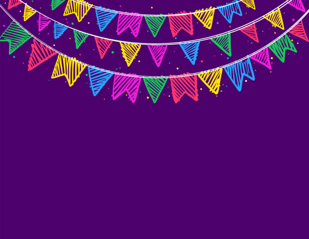 Background of happy June Festival with space to put text Background of happy June Festival with space to put text in the middle. Colorful flags and confettis on top of it festa junina stock illustrations