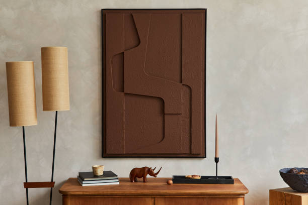 istock Stylish composition of modern living room interior with structure painting, folding screen, vintage commode, armchair, wooden cubes and accessories. Creative wall, carpet on the floor. Template. 1339245447