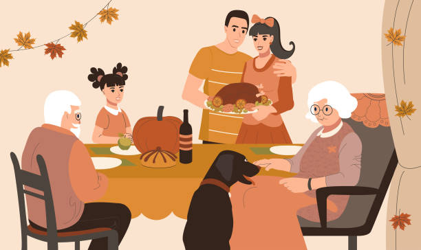 家族は一緒に感謝祭を祝う - parent thanksgiving eating food点のイラスト素材／クリップアート素材／マンガ素材／アイコン素材