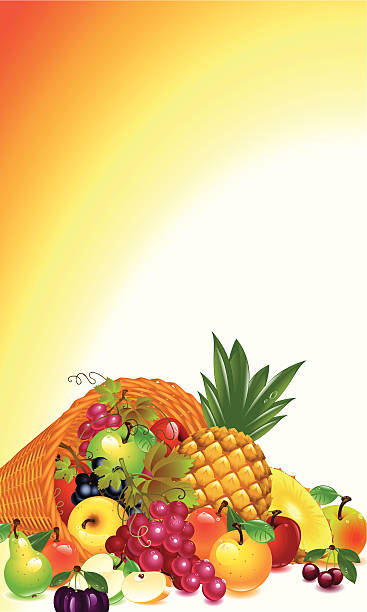illustrazioni stock, clip art, cartoni animati e icone di tendenza di cornucopia con frutta - thanksgiving plum autumn apple