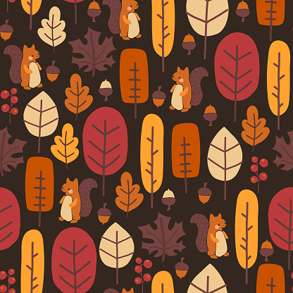 Autumn nature seamless vector pattern cute autumn forest, squirrel, leaves, trees, nuts, acorns. Thanksgiving fall background for wallpaper, packaging, textiles. Autumn Holidays kids illustration