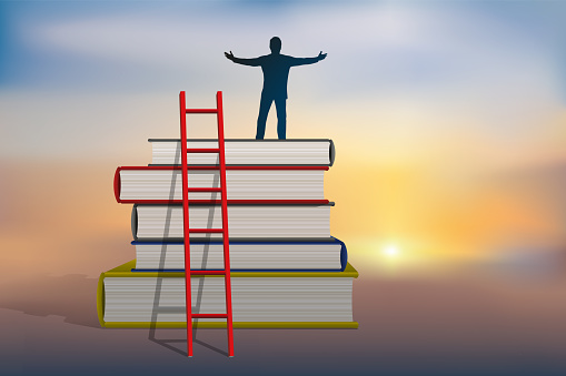 Concept of culture and knowledge, with a man who symbolically climbs the social ladder by climbing books.