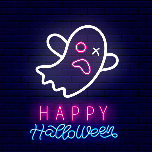 neon-geister-symbol. happy halloween schriftzug grußkarte. nacht helles schild. isolierte vektor-stock-illustration - magic magic trick magician magic wand stock-grafiken, -clipart, -cartoons und -symbole