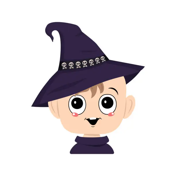 Vector illustration of Avatar of a child with big eyes and a wide happy smile in a pointed witch hat with a skull