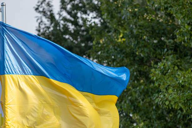 istock Blue-yellow Ukrainian flag flying in the sky 1339250105