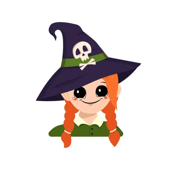 Vector illustration of Avatar of a girl with red hair, big eyes and a wide happy smile in a pointed witch hat with a skull