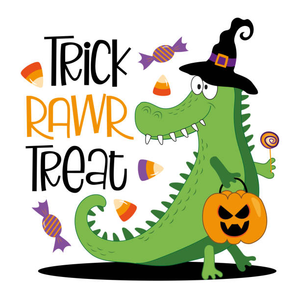 Trick rawr treat - cute alligatior in witch hat with pumpkin, and candies for Halloween. Trick rawr treat - cute alligatior in witch hat with pumpkin, and candies for Halloween. Good for T shirt print, poster, card, label, and party decoraton. dinosaur rawr stock illustrations