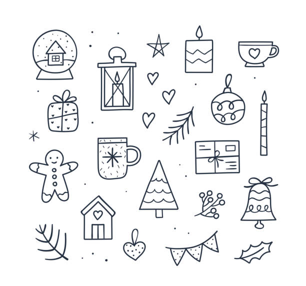 Cute Cozy Christmas set - mug, candles, tree, gift, gingerbread man, snow globe, small home, bell. Hand drawn outline vector illustration. Doodle sketch style. Cute Cozy Christmas set - mug, candles, tree, gift, gingerbread man, snow globe, small home, bell. Hand drawn outline vector illustration. Doodle sketch style. gingerbread man stock illustrations