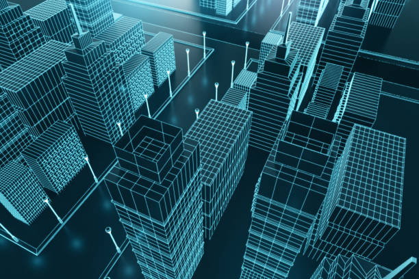 istock Abstract graphic blue city backdrop. Building and downtown concept. 3D Rendering. 1339254835
