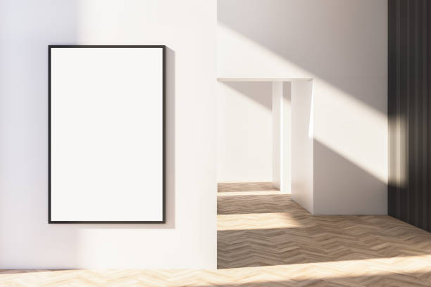 istock Modern bright wooden and white concrete empty interior with blank mock up frame on wall. 3D Rendering. 1339256054