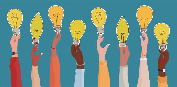 stockillustraties, clipart, cartoons en iconen met raised arms of diverse and multi-ethnic business people holding a light bulb shaped label as a concept of innovation or startup or collaboration or financial investment.community concept - innovation