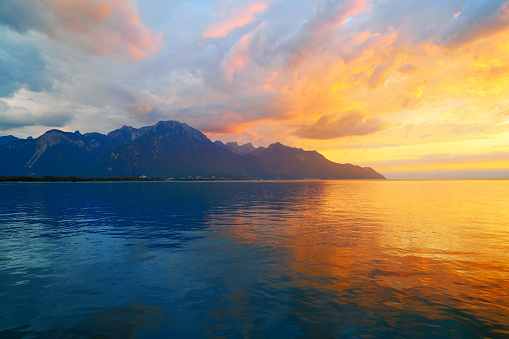 Leman Geneva lake sunset in Switzerland