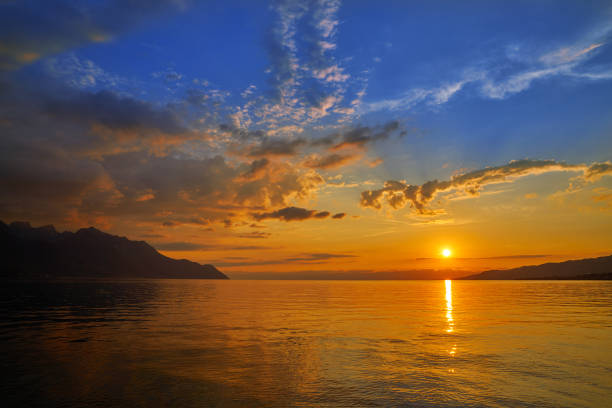 Leman Geneva lake sunset in Switzerland Swiss
