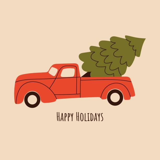 istock Red truck with Christmas tree. Happy Holidays greeting Card. Hand drawn vector illustration in cartoon flat syle. 1339258322