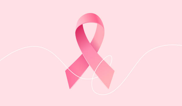 ピンク色の背景にループと白線を持つピンク乳がんリアルリボンのベクターイラスト。乳がんの認識のシンボル - 乳がん点のイラスト素材／クリップアート素材／マンガ素材／アイコン素材