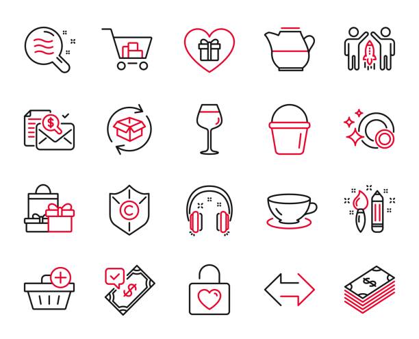 ilustraciones, imágenes clip art, dibujos animados e iconos de stock de conjunto vectorial de iconos de línea relacionados con compras, pagos aceptados e informe de contabilidad. vector - milk jug audio