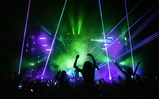 Rear view of large group of people enjoying a concert performance. There are many hands applauding and taping the show. Multi colored lasers and spot lights firing from the stage.
Silhouettes have been significantly liquified.