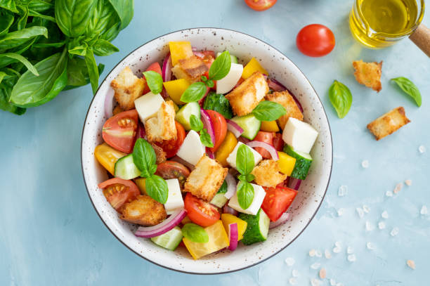 istock Panzanella salad, Italian bread and fresh vegetable salad. Copy space. 1339260926