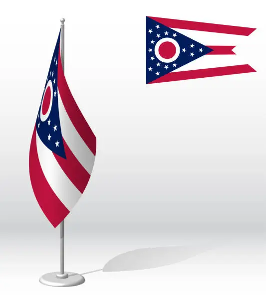 Vector illustration of flag of american state of OHIO on flagpole for registration of solemn event. Day of state of OHIO. Realistic 3D vector on white