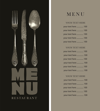 Vector template of a restaurant menu with a price list and a cover decorated with a beautiful antique cutlery. Menu design with old beautiful silverware for a restaurant with fine cuisine