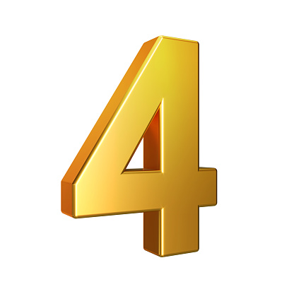 Number 4, Alphabet. Golden 3d number isolated on a white background with Clipping Path. 3d illustration.