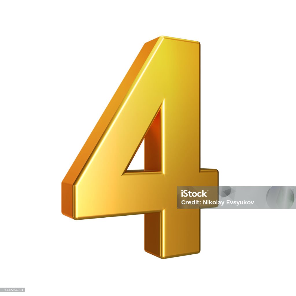Number 4, Alphabet. Golden 3d number isolated on a white background with Clipping Path. 3d illustration. Number 4 Stock Photo