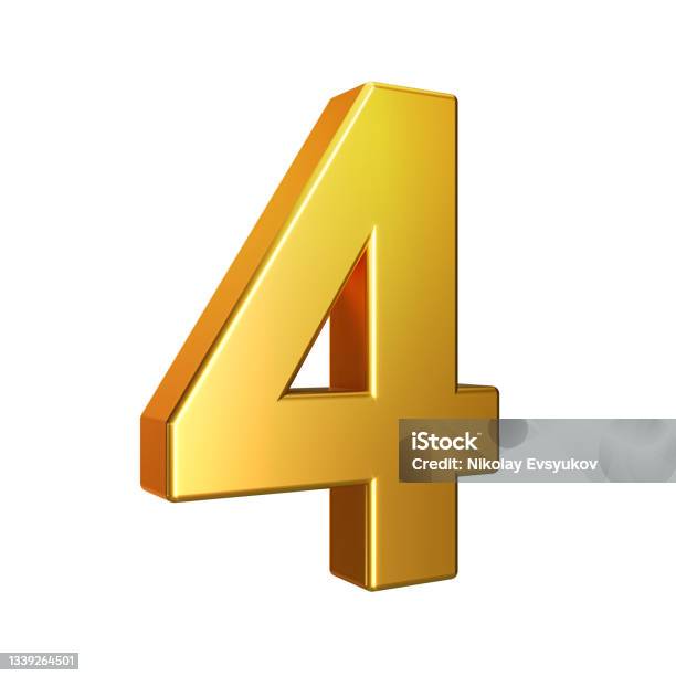Number 4 Alphabet Golden 3d Number Isolated On A White Background With Clipping Path 3d Illustration Stock Photo - Download Image Now