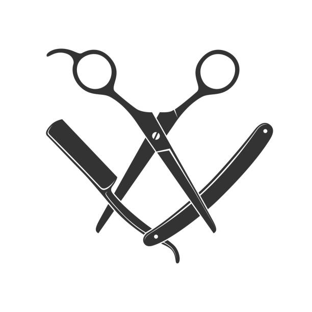 S&H Scissors and straight razor graphic icon. Sign crossed scissors and razor isolated on white background. Barbershop symbols. Vector illustration barber shop stock illustrations