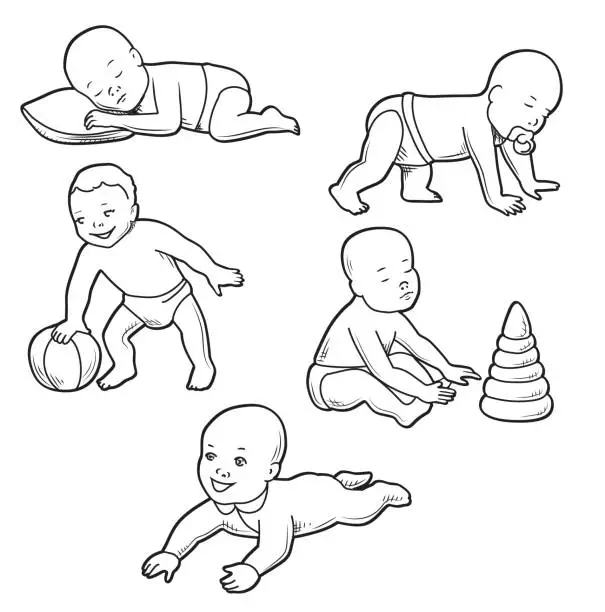 Vector illustration of Baby Sleeps, Plays and Sits Doodles