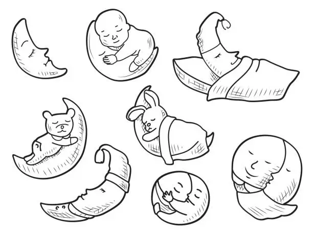 Vector illustration of Sleeping Moon Doodle Set