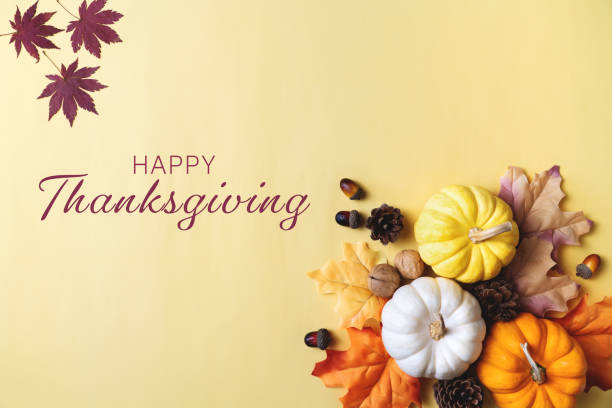 istock Happy Thanksgiving Day with pumpkin and nut on yellow background 1339271920