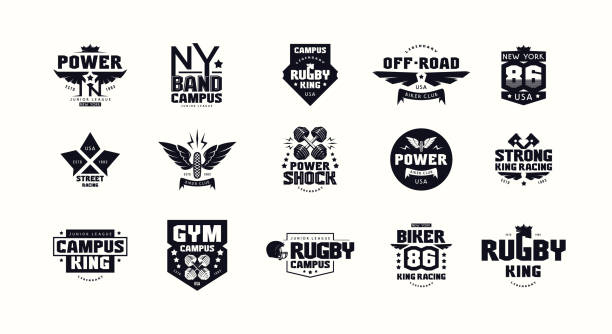 спортивные эмблемы и значки спортзала, гонок, регби, байкера - rugby shirt stock illustrations
