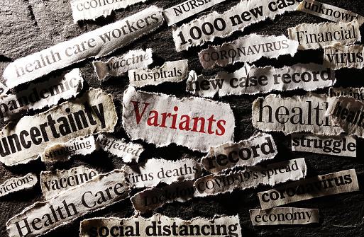 Coronavirus and economy related news headlines with Variants text in red