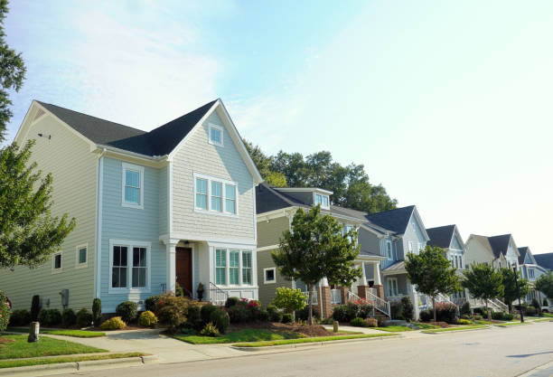 rumah baru di jalan kota yang tenang di raleigh north carolina - pinggiran kota potret stok, foto, & gambar bebas royalti