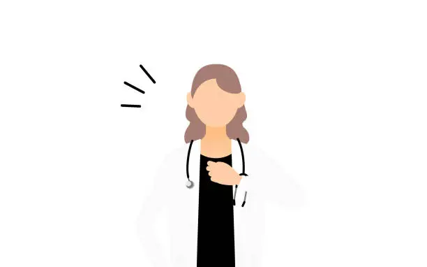 Vector illustration of Female doctor in white coat clapping her chest, pose of safety and trust