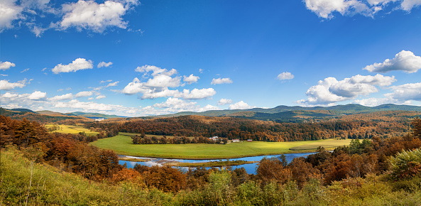 Vermont countryside in the fall. Panorama of a rural landscape. New England, United States.
