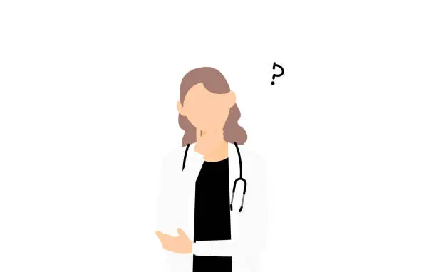 Vector illustration of Pose of female doctor in white coat with crossed arms and questioning