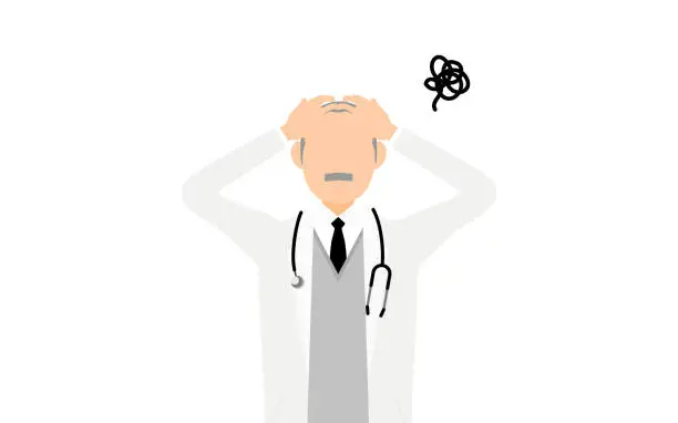 Vector illustration of Senior male doctor in white coat holding head, pose of annoyance