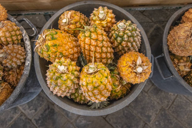 Selling pineapple fruits at rural market in New Delhi, India.