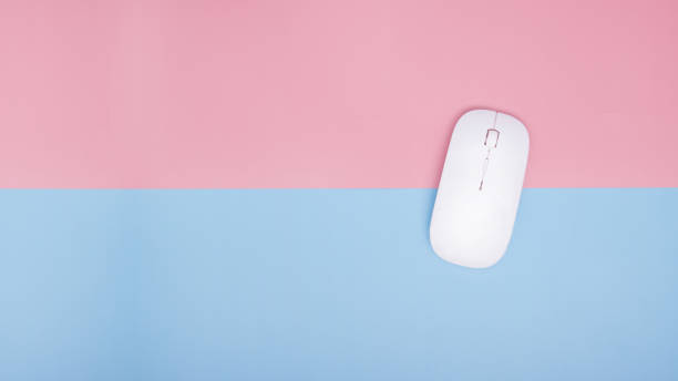 istock wireless mouse for computer and laptop on blue and pink background. top view. copy space. 1339278434