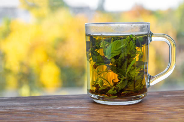 A cup of mint tea before autumn window with yellow trees on the background. Closeup, selective focus
