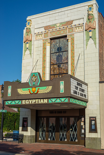 DeKalb, Illinois, USA - August 3rd 2021 - This fully restored historic Egyptian revival theater was built in 1929 and now appears on the national register of historic places.