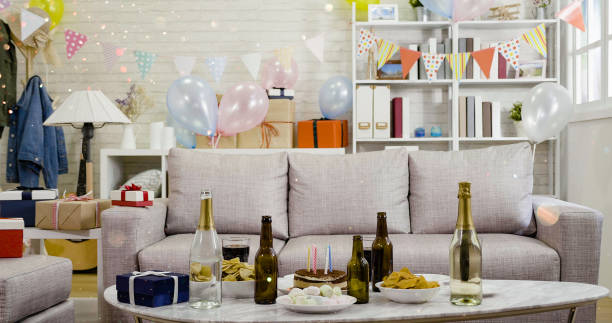 istock Room with festive balloons colorful banners. 1339285907