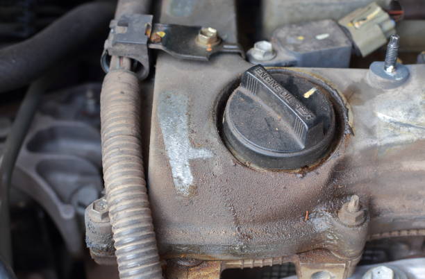 istock Dirty oil stains on the engine 1339287069