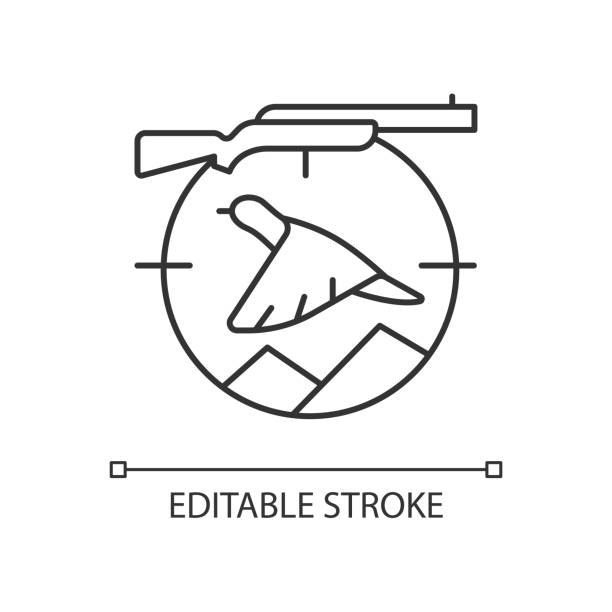 Upland hunting linear icon Upland hunting linear icon. Wingshooting. Terrestrial birds. Landfowl capturing. Thin line customizable illustration. Contour symbol. Vector isolated outline drawing. Editable stroke plateau drawing stock illustrations