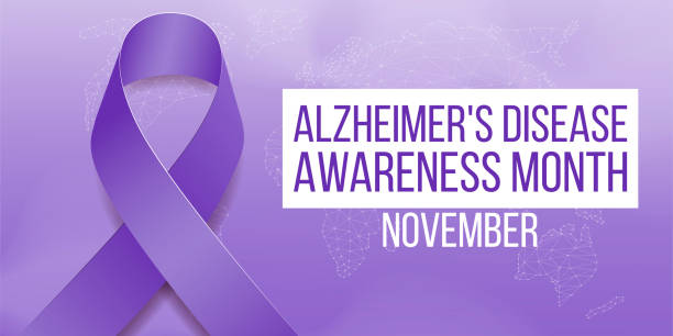 ilustrações de stock, clip art, desenhos animados e ícones de alzheimer's disease awareness month concept. banner template with purple ribbon and text.  vector illustration. - social awareness symbol