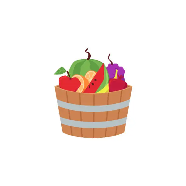 Vector illustration of Wooden vintage barrel or bucket with fresh fruits, flat vector illustration.