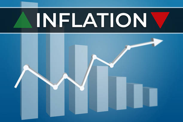 istock Inflation chart on blue finance background from graphs, charts, columns, pillars. Trend Up and Down, Flat. 3D illustration 1339289834